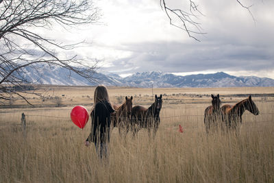 Woman standing by horses on field by mountains against sky