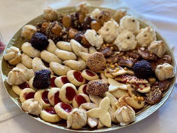 High angle view of breakfast on table