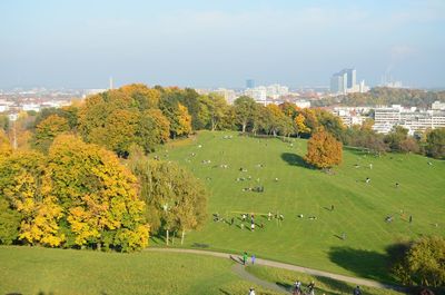 High angle view of trees on field against sky