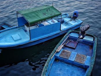 High angle view of boat moored on sea