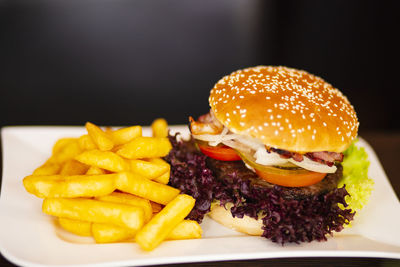 Close-up of burger on plate