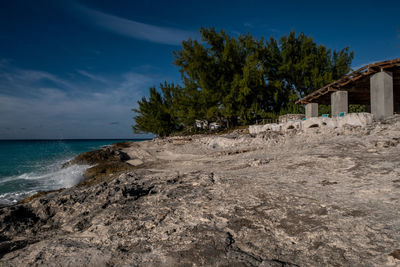 Scenic view of beach by sea against sky