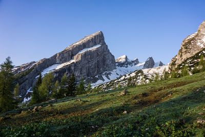 Low angle view of mountain against clear blue sky