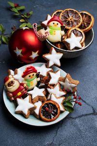 High angle view of christmas decorations on table