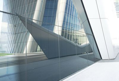 Low angle view of modern glass building in city