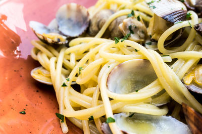 Close-up of spaghetti with clams served in plate