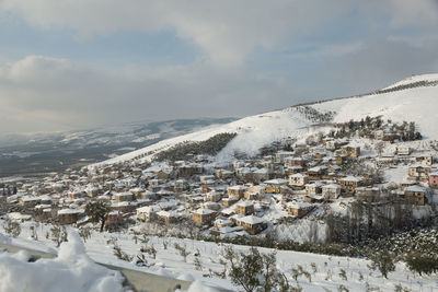 Aerial view of landscape against sky during winter