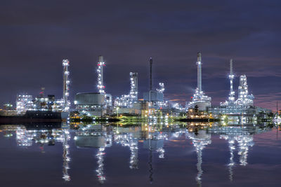 Illuminated factory against sky at night