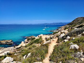 Scenic view of sea against blue sky