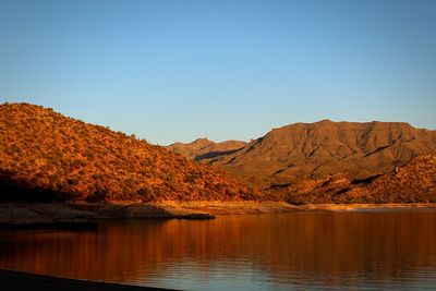 Scenic view of lake and mountains against clear sky