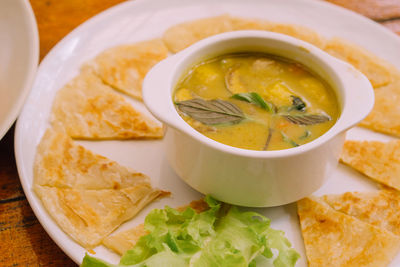 High angle view of soup in bowl on table