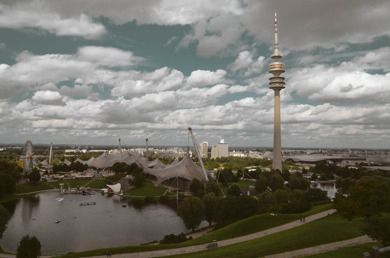 architecture, sky, tower, built structure, communication, building exterior, outdoors, city, no people, cloud - sky, water, nature, day, landscape