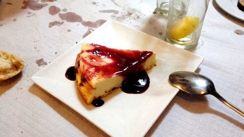 High angle view of dessert in plate on table