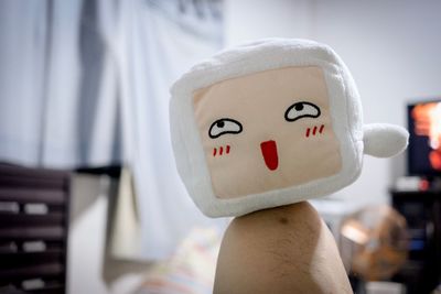 Close-up of stuffed toy on human knee at home