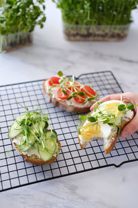 Delicious healthy sandwich with boiled egg and microgreens