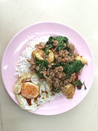 High angle view of food in plate on table