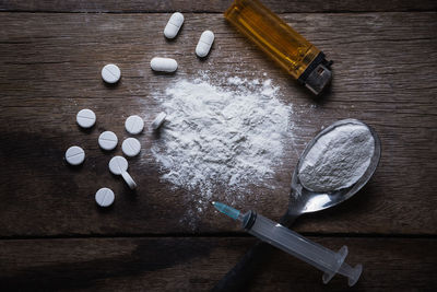 High angle view of medicine on table