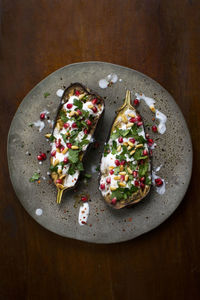 High angle view of cooked aubergine plate