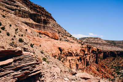 Scenic view of rocky mountains against clear sky