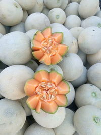 High angle view of cantaloupes at market for sale