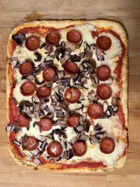 High angle view of pizza on table