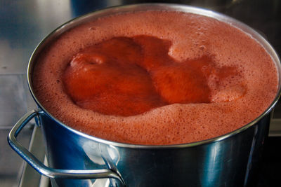 Close-up of meat in cooking pan