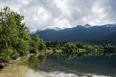 Scenic view of lake and mountains against sky