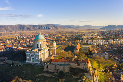 Esztergom, hungary - aerial view of the beautiful basilica of esztergom near river danube