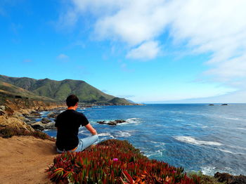 Rear view of man sitting on rock by sea against sky