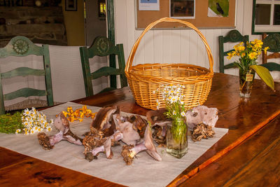 Cat in basket on table