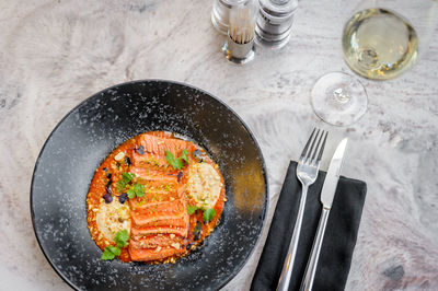 High angle view of food in bowl on table