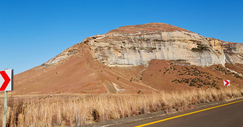 Road leading towards mountains against clear blue sky