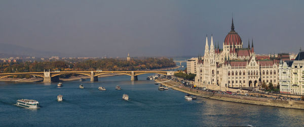 Bridge over river with city in background