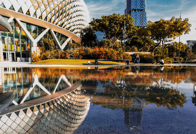 Reflection of trees in lake against sky in city