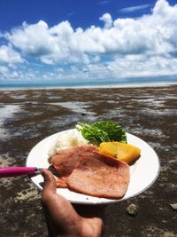 Close-up of hand holding food in plate at beach against sky