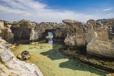 Rear view of man standing on rock formations