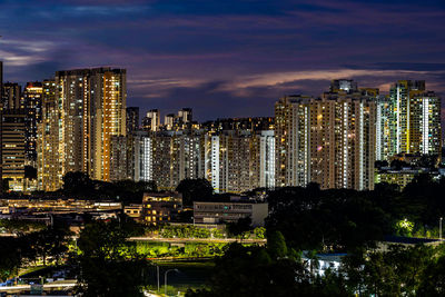 Illuminated buildings in city at night