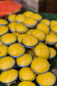 Close-up of yellow desserts