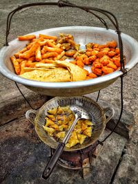 High angle view of food on barbecue grill