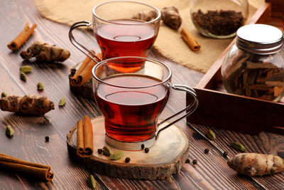 High angle view of tea in glass on table