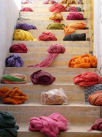 Low angle view of colorful turbans for sale