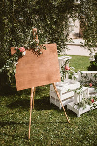 View of empty chairs at cemetery