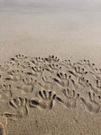 High angle view of footprints on sand at beach