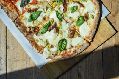 High angle view of pizza on table