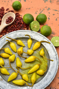 High angle view of chili pepper in plate on table