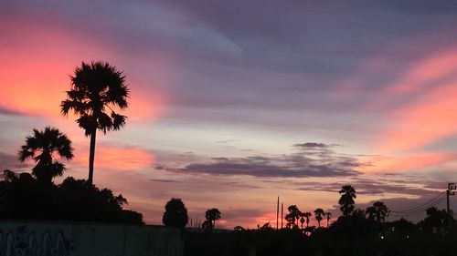 Silhouette palm trees against dramatic sky during sunset