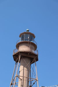 Low angle view of water tower against clear blue sky