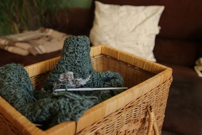 Close-up of wicker baskets and wool