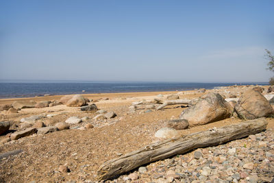 Scenic view of rocks on beach against clear sky