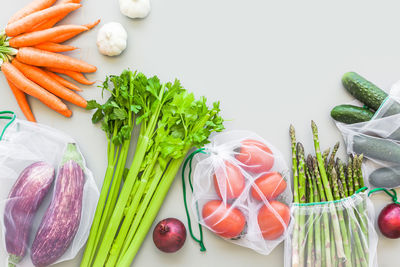 High angle view of vegetables in plate against white background